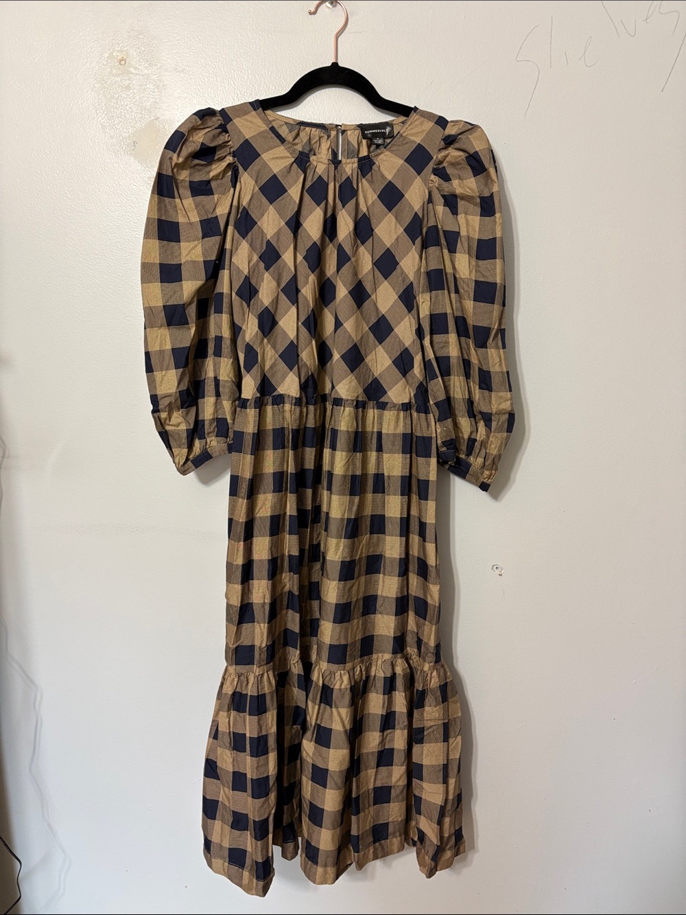 Summersalt Tiered Midi Dress Buffalo Plaid Puff Sleeve Brown Navy Size S - Picture 3 of 6